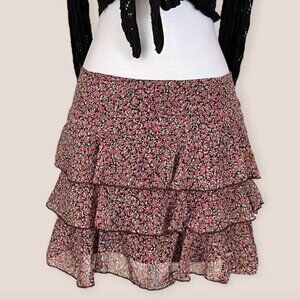 Brown, floral, layered mini skirt